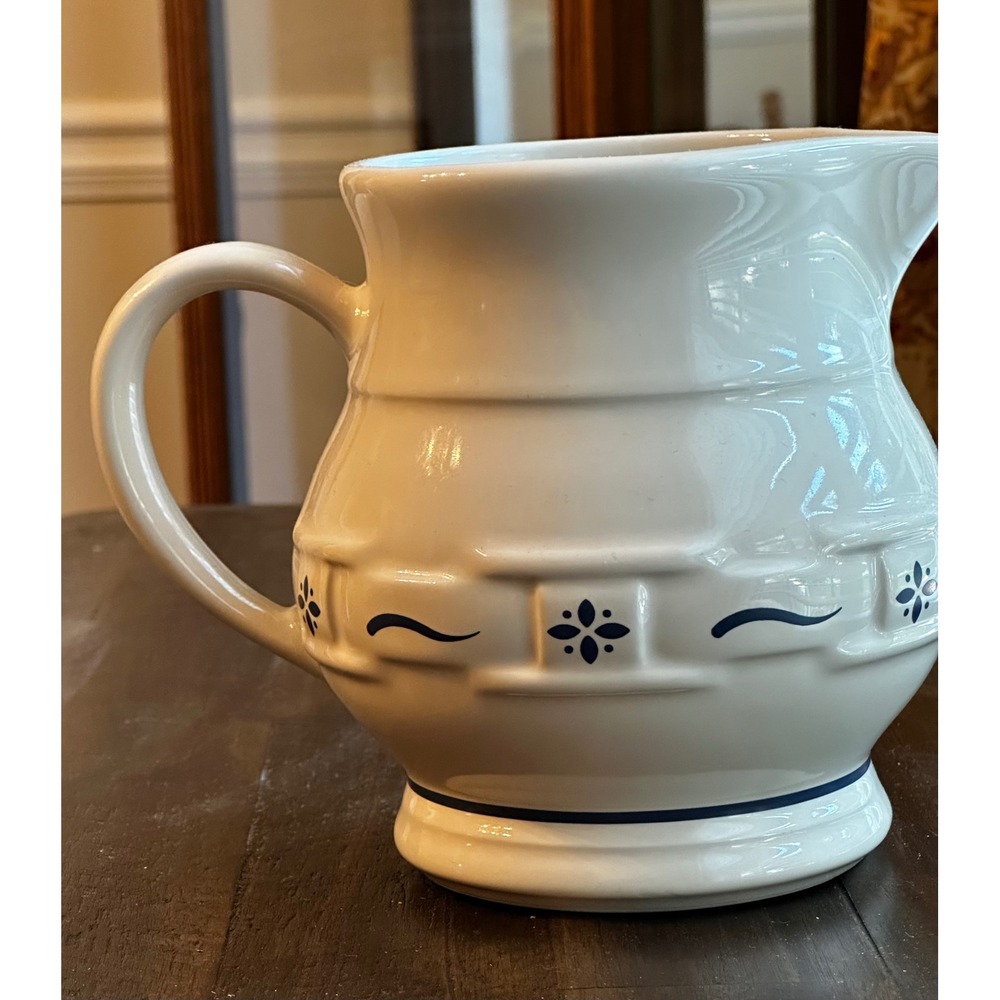 Longaberger Pottery Woven Traditions Ivory Blue Pitcher 6 inch USA Stoneware